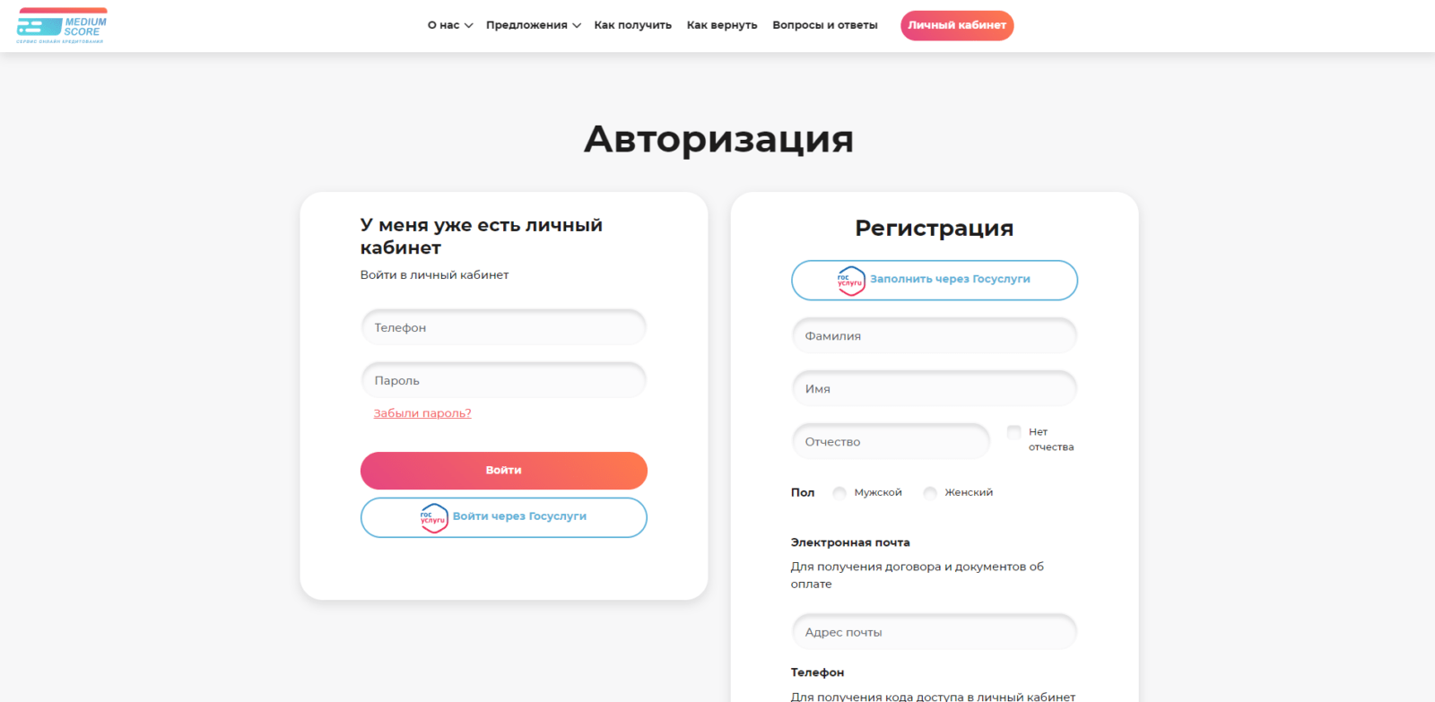 Click "Fill out via State Services" or enter your last name, first name, middle name, gender, email address, and mobile phone number, check the box, and click "Continue Registration" Medium Score loan step 2