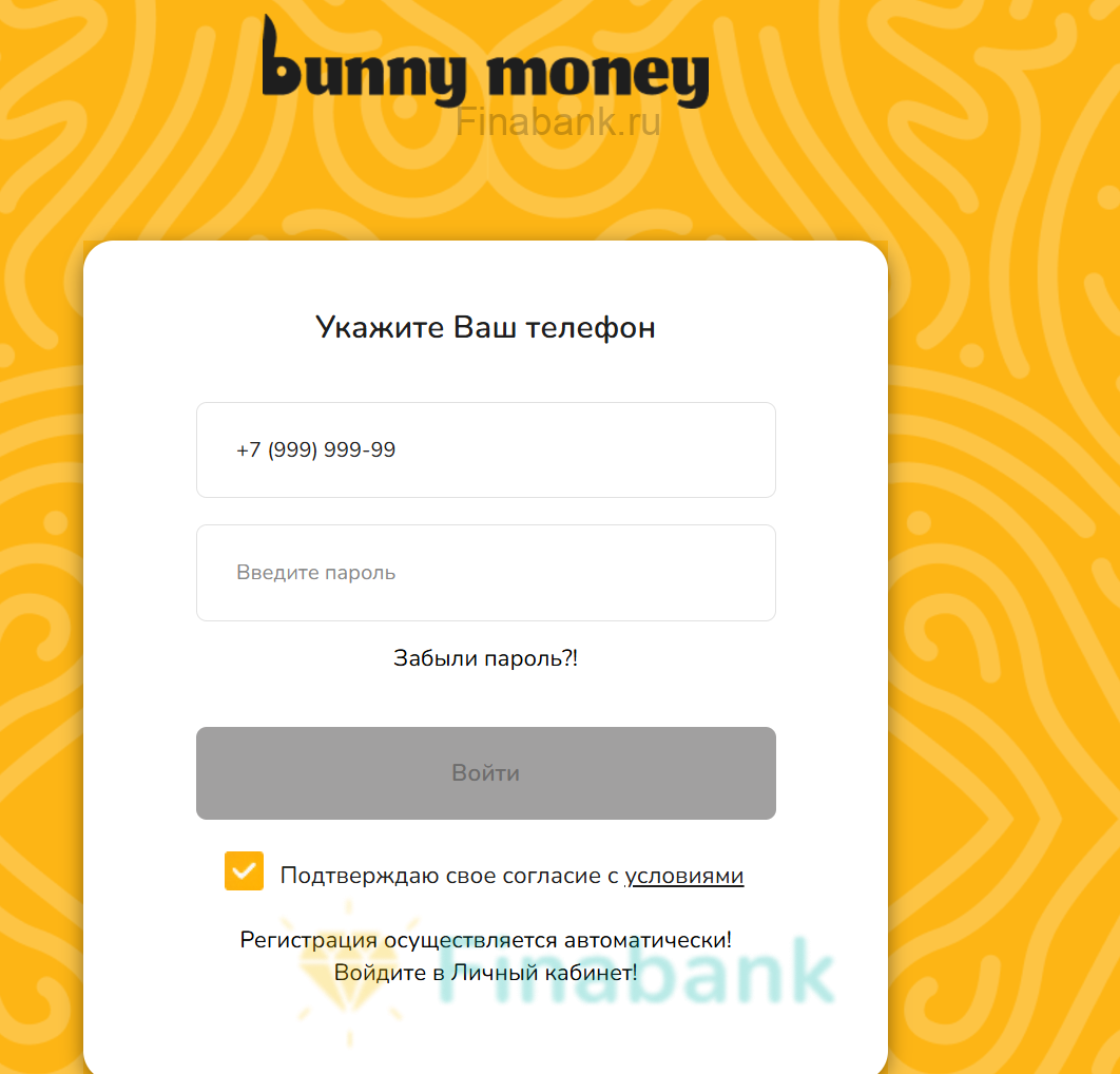Enter your phone number and password from the SMS for your personal account Bunny Money 2